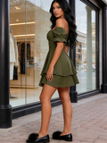 Green Wrap Layer Ruffle Short Sleeve Off Shoulder Mini Dress