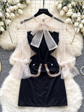 Polka Dot Sheer Puff Sleeves Black Dress