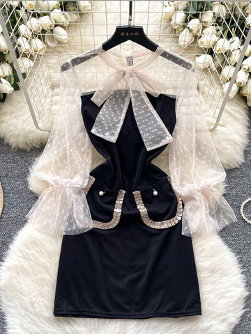 Polka Dot Sheer Puff Sleeves Black Dress