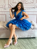 Royal Blue Tie V Neck Layers Tulle Short Homecoming Dress