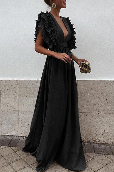 V Neck Long Ruffles High Waist Party Dress