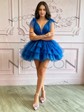 Royal Blue Tie V Neck Layers Tulle Short Homecoming Dress