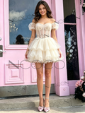 White Puffy Sleeve Short Mini Tulle Homecoming Dress