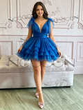 Royal Blue Tie V Neck Layers Tulle Short Homecoming Dress
