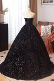 Spark Strapless Black Sequins A Line Prom Dress