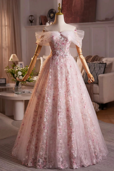 Pink Flower Tulle Off the Shoulder Prom Dress