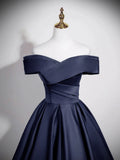 Off Shoulder Satin Dark Blue A Line Prom Dress