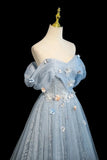 A Line Blue Tulle Flowers Off The Shoulder Prom Dress