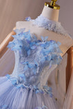 Blue Flower Layers Beading Butterfly Prom Dress
