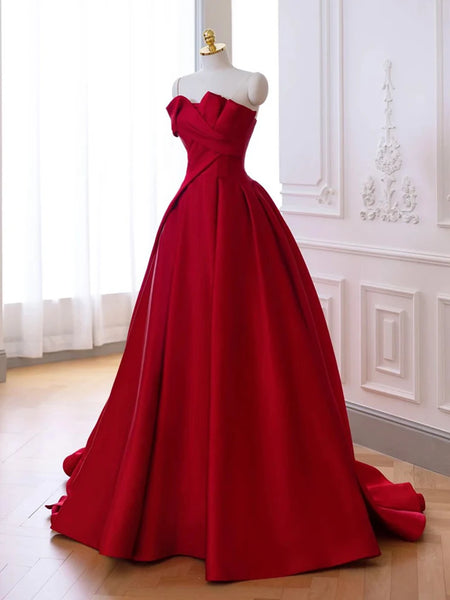 A-Line Satin Burgundy Ruched Strapless Prom Dress
