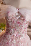 Pink Flower Tulle Off the Shoulder Prom Dress