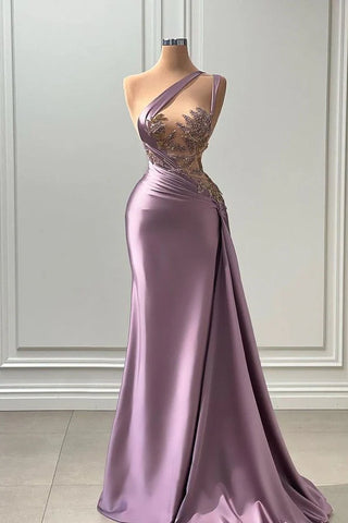Dusty Lavender Appliques One Shoulder Satin Mermaid Prom Dress