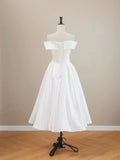 Tea Length White Satin A Line Off Shoulder Prom Dress