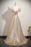 A Line Off the Shoulder Champagne Sequin Prom Dress
