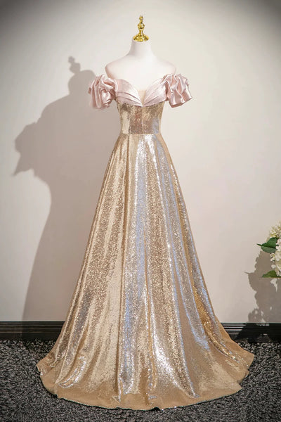 A Line Off the Shoulder Champagne Sequin Prom Dress