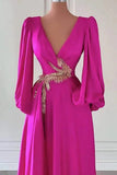 Gold Embellished Bishop Sleeves Fuchsia Pink V Neck Prom Dress