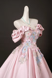 Pink Satin Lace A Line Off the Shoulder Appliques Prom Dress