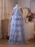 A-Line Tulle Flower Blue Strapless Prom Dress