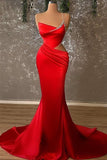 Crystal Vibrant Red One Shoulder Satin Mermaid Prom Dress