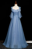 Bow A-Line Blue Tulle Sparkle Prom Dress
