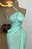 Beading Mint Green One Shoulder Satin Prom Dress