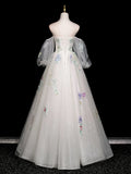 Long Sleeves Tulle White Floral A Line Prom Dress