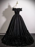 Satin Black Tulle A Line Off Shoulder Prom Dress