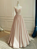 A-Line Spahhetti Straps Satin Champagne Ruched Prom Dress