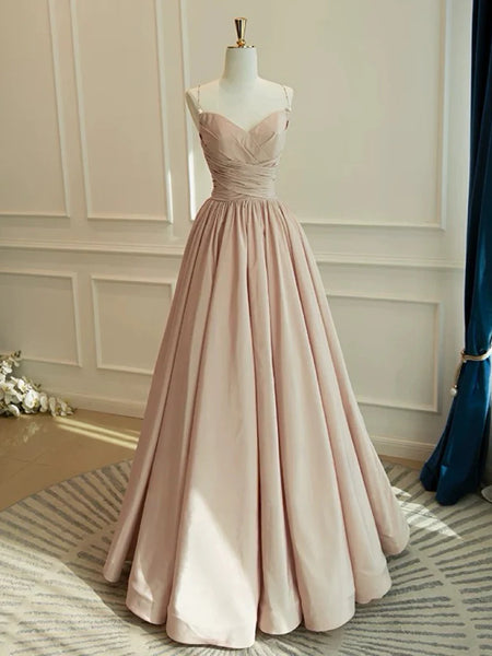 A-Line Spahhetti Straps Satin Champagne Ruched Prom Dress