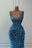 Plunging V-Neck Ocean Blue Sequin Mermaid Prom Dress