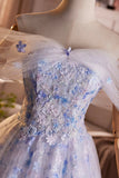 A Line Blue Flower Tulle Off the Shoulde Prom Dress