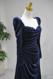 Long Sleeve Navy Velvet Ruched Floor Length Prom Dress