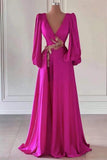 Gold Embellished Bishop Sleeves Fuchsia Pink V Neck Prom Dress