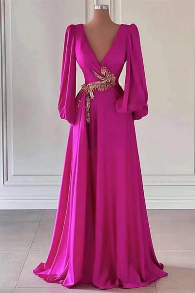 Gold Embellished Bishop Sleeves Fuchsia Pink V Neck Prom Dress