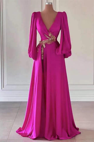 Gold Embellished Bishop Sleeves Fuchsia Pink V Neck Prom Dress