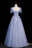 Sweetheart Tulle Puffy Sleeves A Line Blue Prom Dress