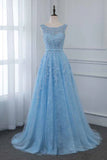 Lace Embroidery Sky Blue A Line Tulle Prom Dress