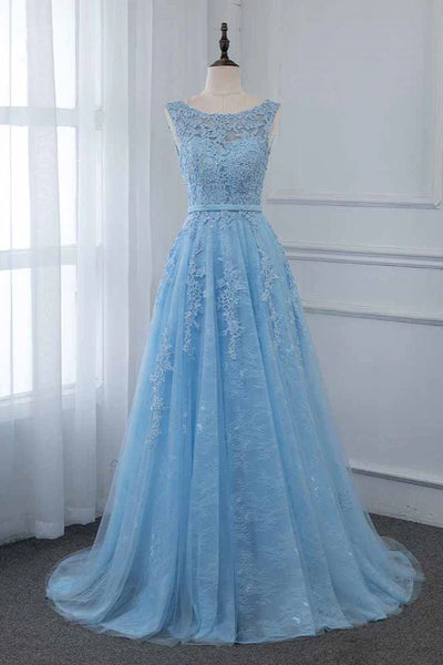 Lace Embroidery Sky Blue A Line Tulle Prom Dress