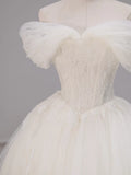 Off Shoulder Tulle Lace White Appliques A Line Prom Dress