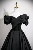 Black Off the Shoulder A Line Satin Prom Dress