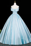Blue A Line Backless Satin Off The Shoulder Prom Dress