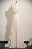Champagne Chiffon Halter A-Line Long Prom Dress