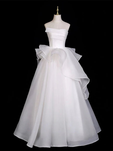 A-Line Organza White Ruffles Strapless Prom Dress
