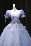 Short Sleeve Blue Tulle Sequins Flower Prom Dress