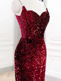 Mermaid Sequin Burgundy Spaghetti Straps Backless Prom Dress
