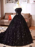 A Line Velvet Sequin Black Sweetheart Prom Dress