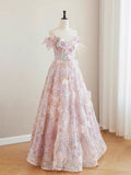 A Line Tulle Lace Flower Pink Beading Prom Dress