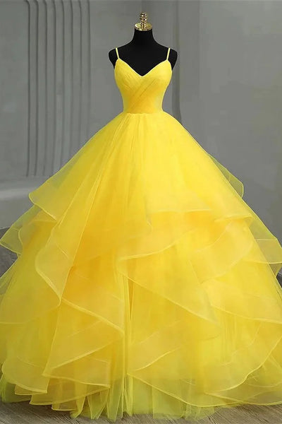 Layered Ruffled Tulle Sunshine Yellow Spaghetti Strap Prom Dress