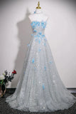 Silver Sequins & Blue Butterfly A Line Prom Dress