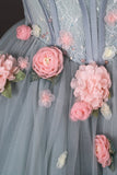 Gray Tulle Flowers A Line Short Sleeve Corset Prom Dress